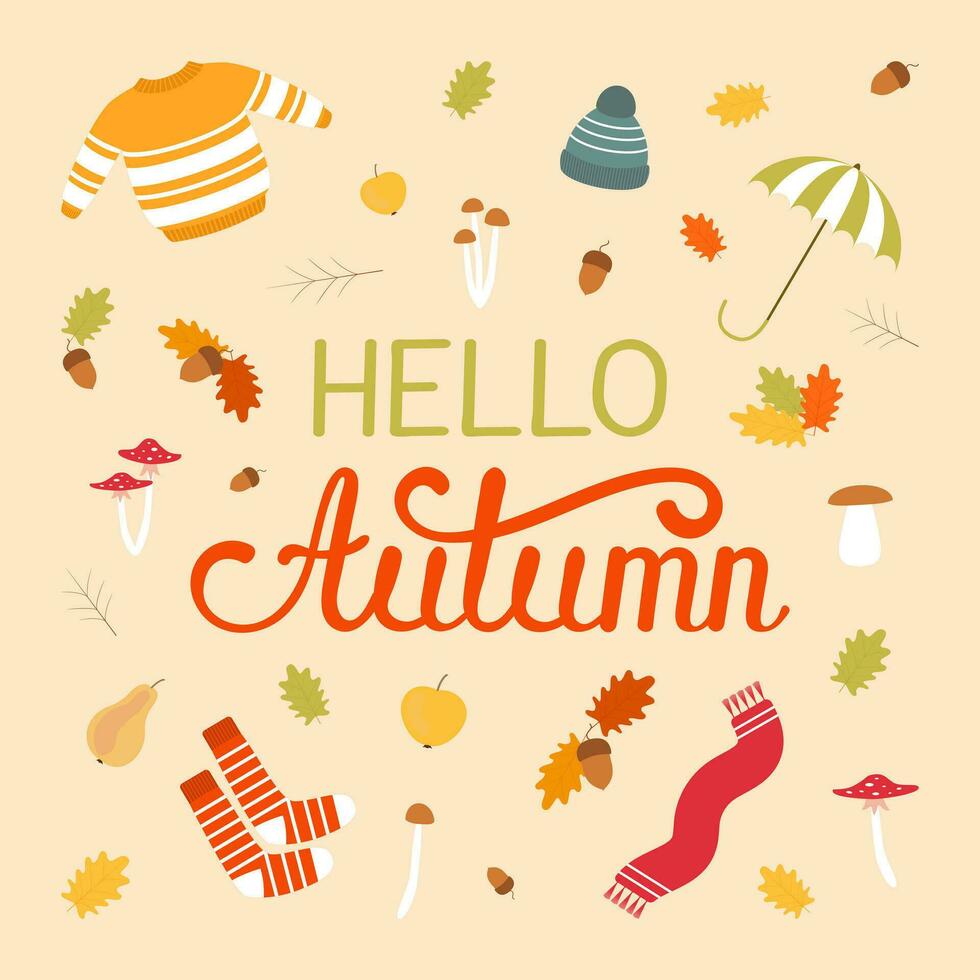 Vector illustration. Hello autumn lettering isolated on white background. Hand drawn lettering text. Festive autumn banner, Card, invitation. Decorative elements in autumn leaf colors