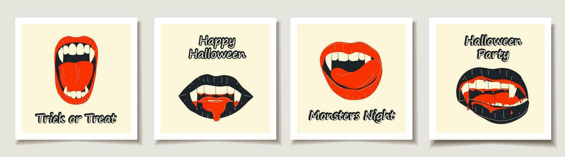 Set of Halloween cards with Set of four Vampire mouth with fangs set . Greeting cards with Magic items. vector