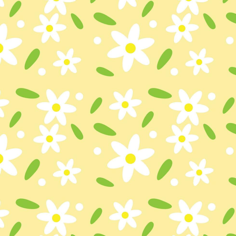Daisy pattern of flowers and leaves on yellow background. vector