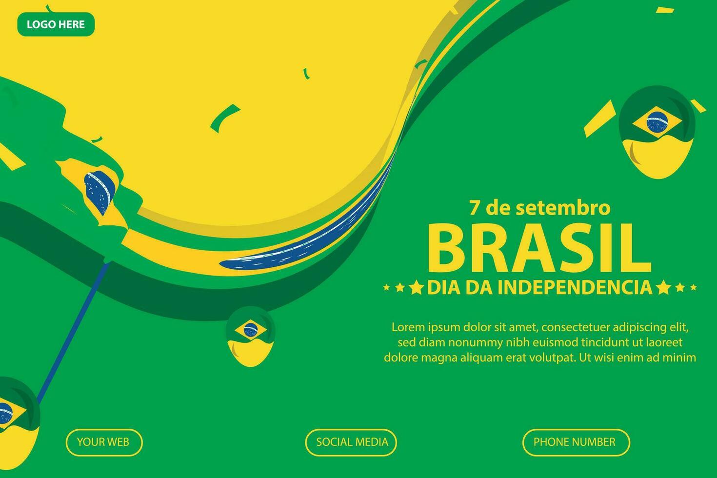 Brasil independencia día 7 7 septiembre celebracion vector modelo bandera, social medios de comunicación correo, volantes o saludo tarjeta con amarillo verde tema y bandera. vector ilustración