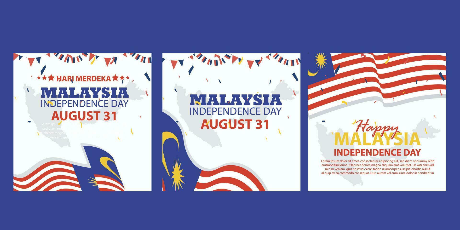 contento independencia día Malasia 31 agosto. bandera, social medios de comunicación correo, volantes o saludo tarjeta con el tema de azul rojo dificil y bandera de Malasia. vector ilustración