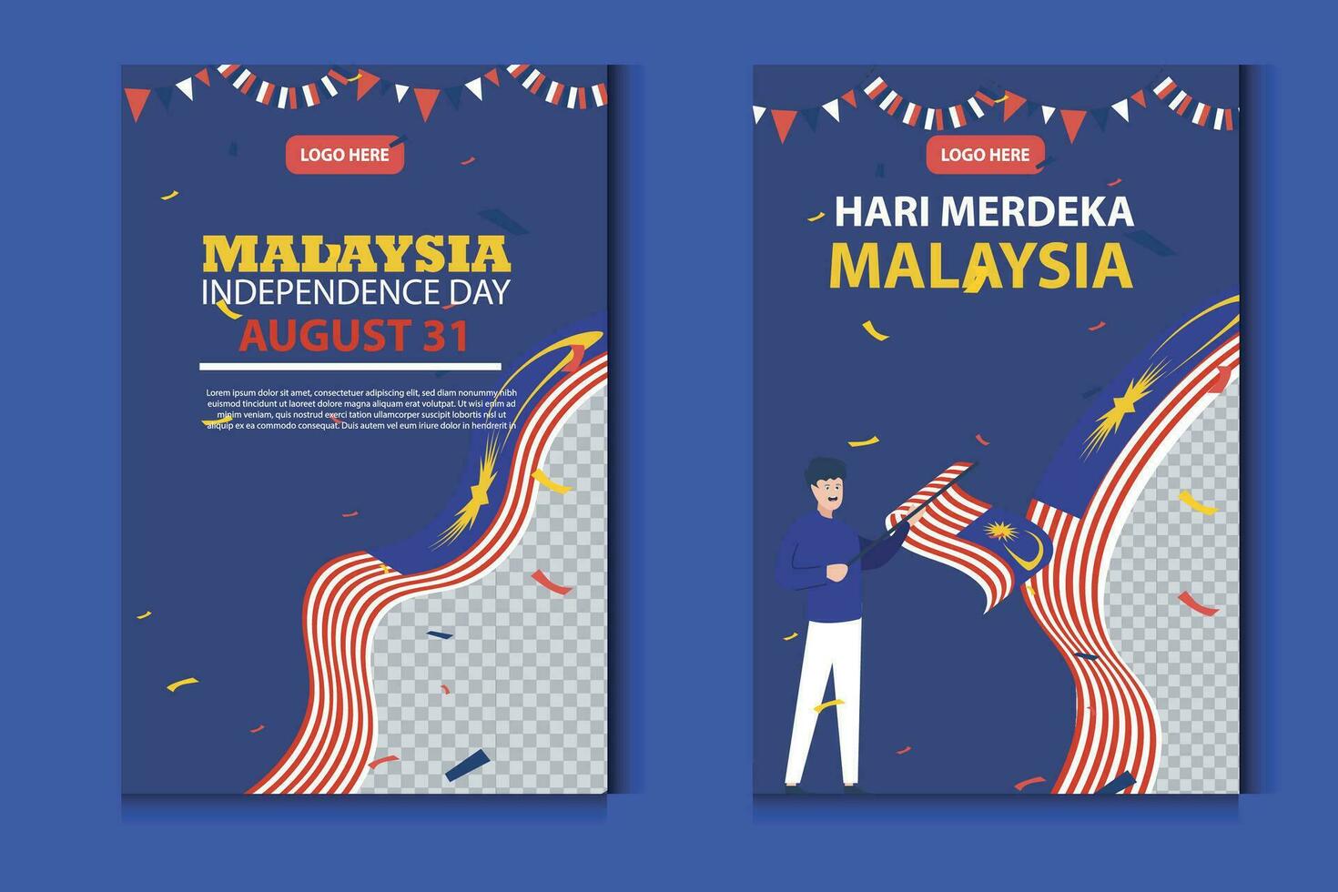 happy independence day Malaysia 31 august. banner, social media post, flyer or greeting card with the theme of blue red struggle and flag of Malaysia. vector illustration