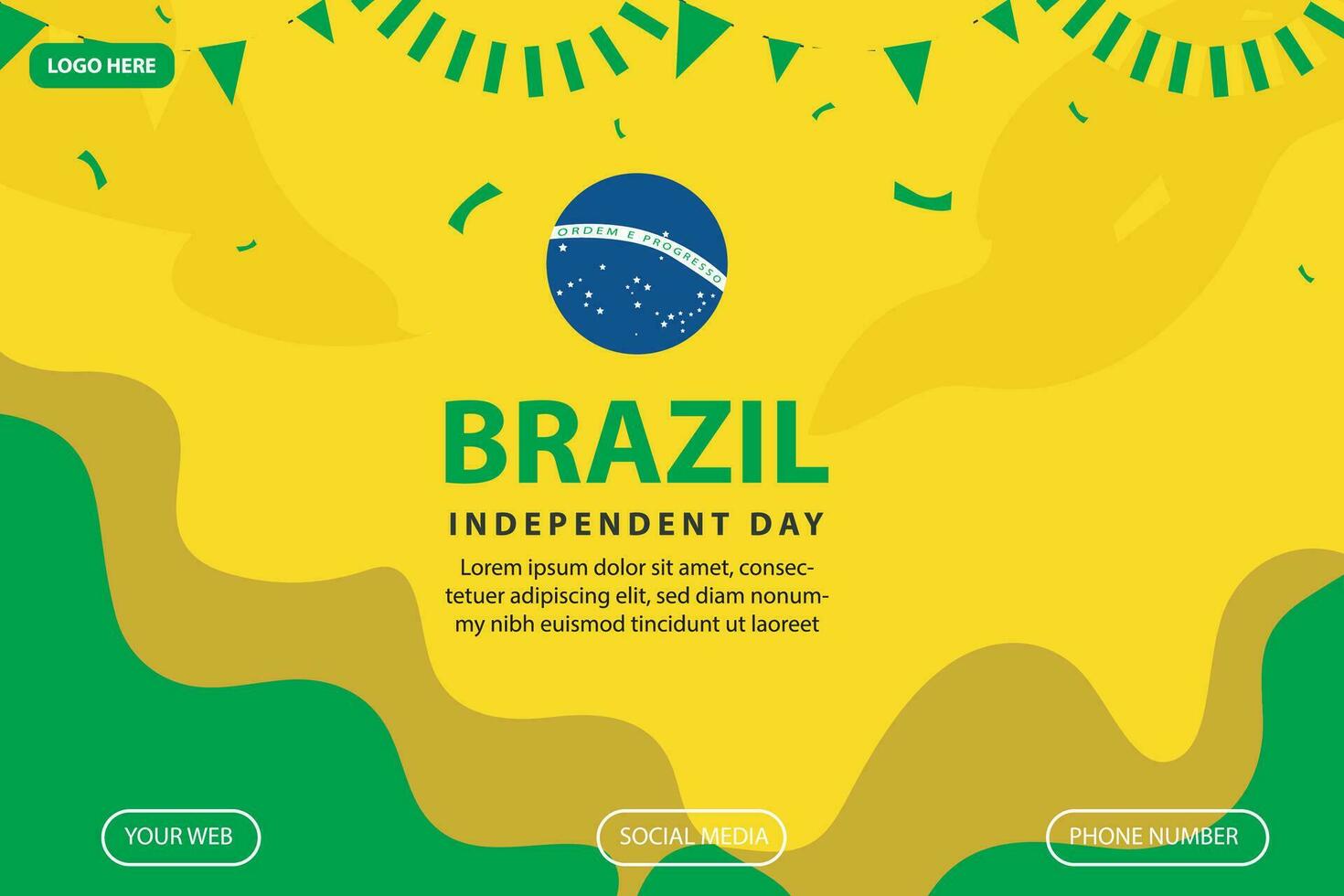 brazil independence day 7 September celebration vector template banner, social media post, flyer or greeting card with yellow green theme and flag. vector illustration