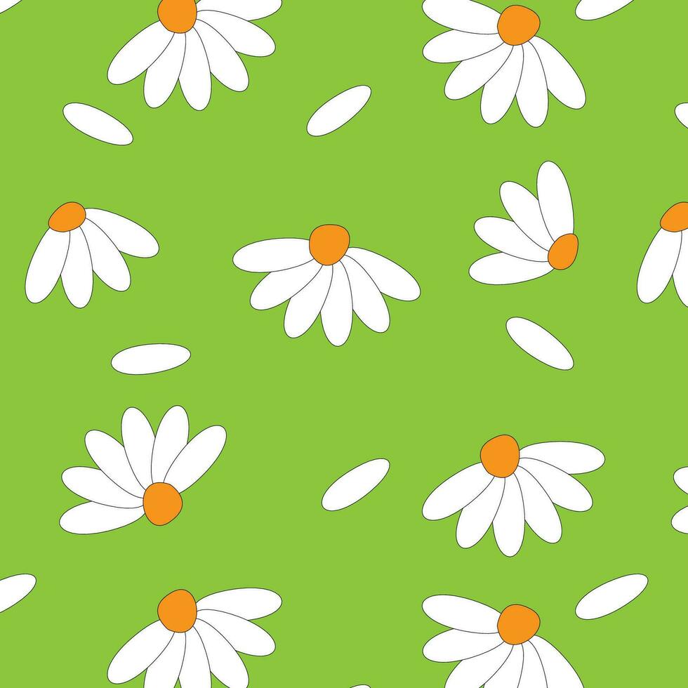 White floral pattern with flower petals on a green background. vector