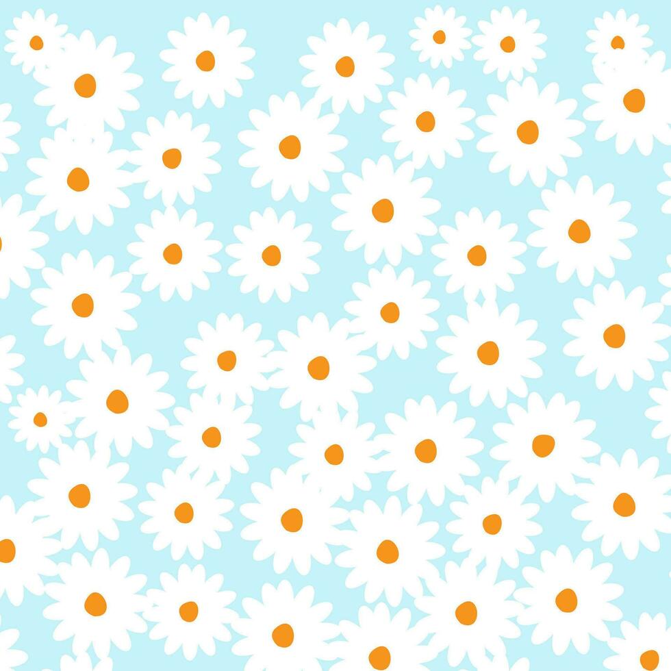 Floral seamless pattern with chamomile cute abstract daisy flowers on blue background. vector