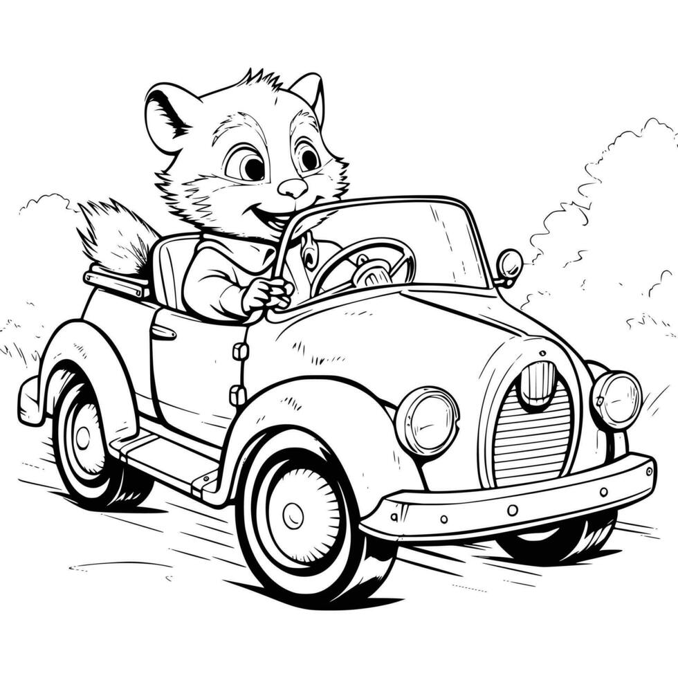 animales montando un coche colorante paginas dibujo para niños vector