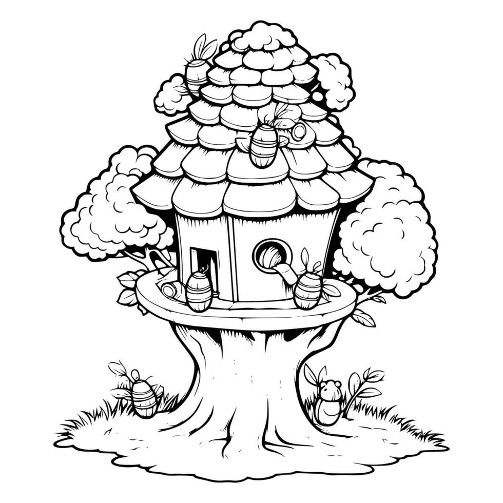 Beehive On A Tree Coloring Page for Kids vector