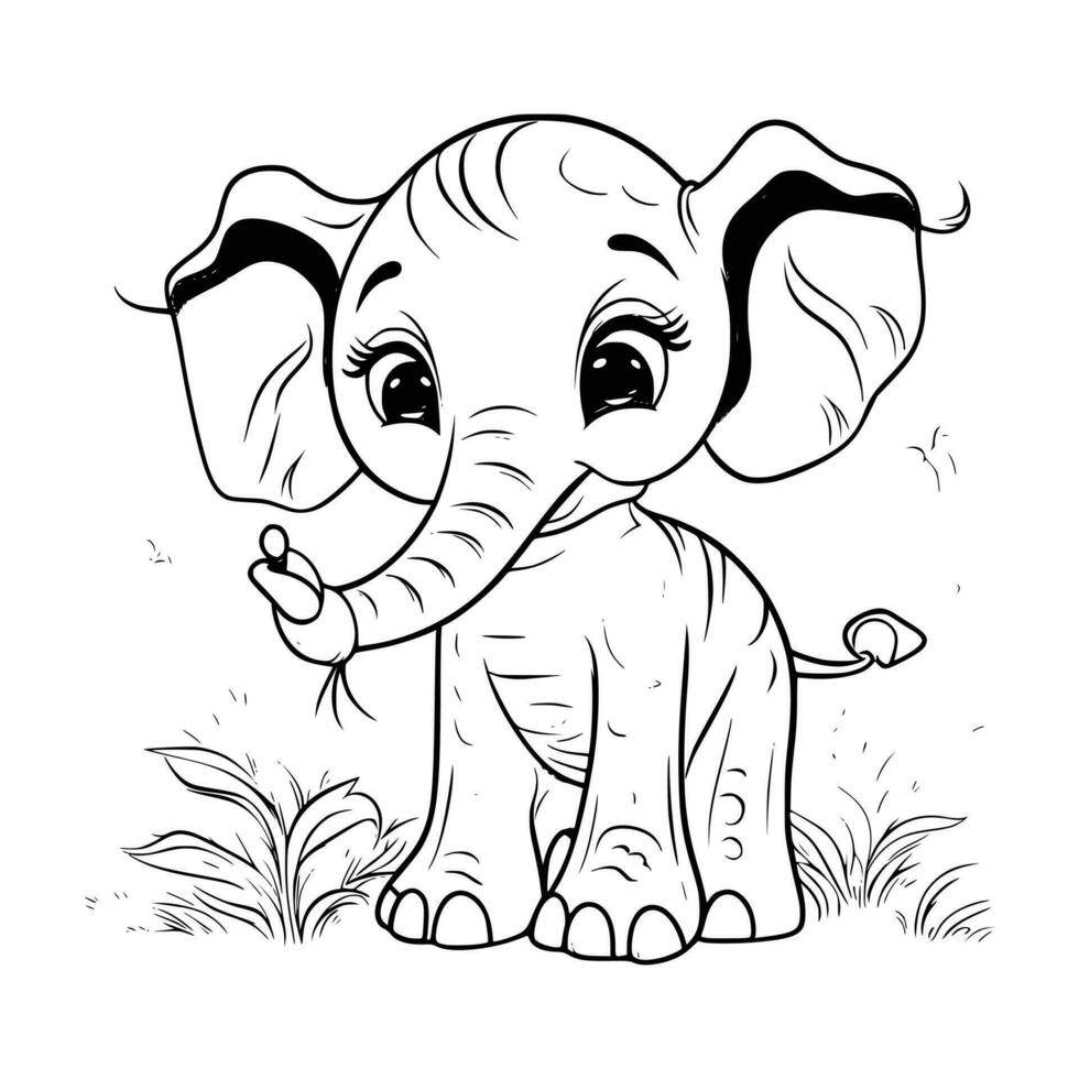 Baby Elephant Coloring Page Drawing For Kids vector