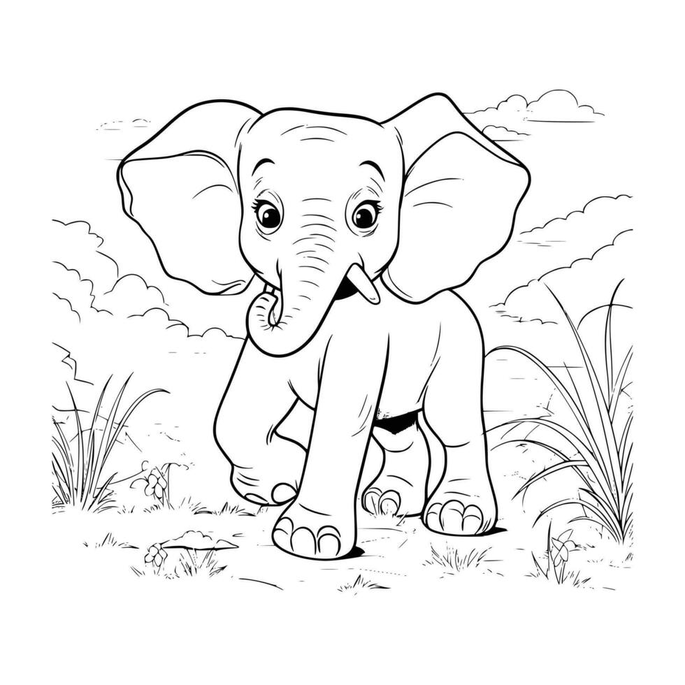 Baby Elephant Coloring Page Drawing For Kids vector