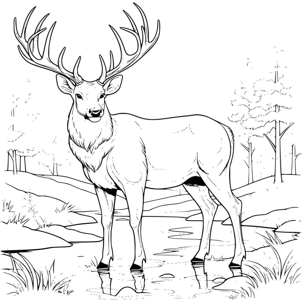 Big Deer On The River Bank Coloring Page Drawing For Kids vector