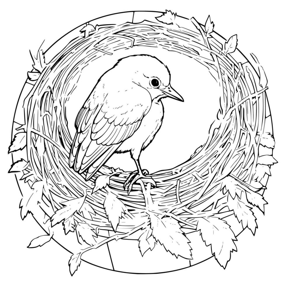 A Bird Sits in A Nest Coloring Page for Kids vector