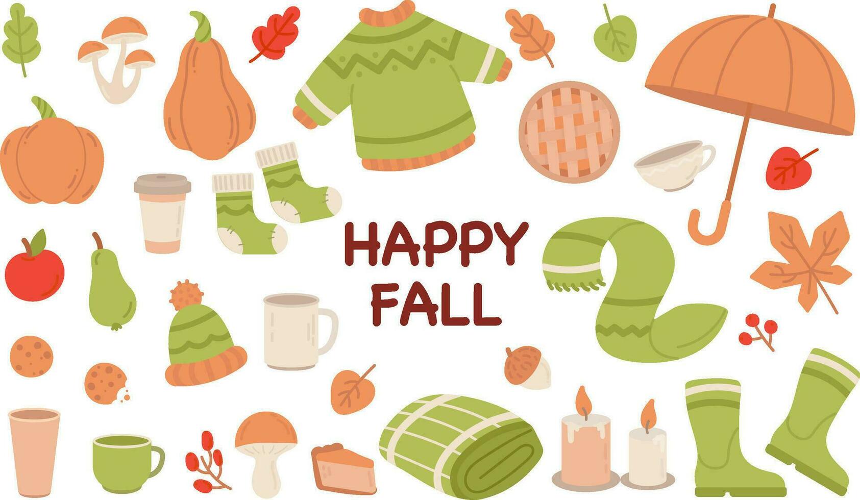 Happy fall elements set vector flat illustration. Autumn collection