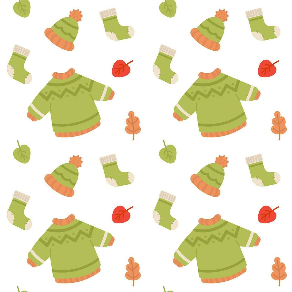 Autumn seamless pattern Vector flat illustration with hat, socks and sweater