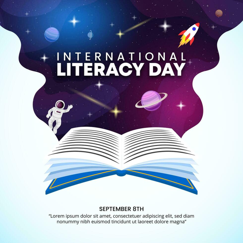 Square International Literacy Day background with open books and outer space vector