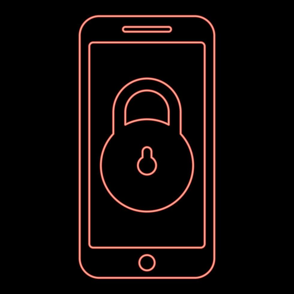 Neon smartphone lock personal data security cyber access concept phone locked cellphone padlock use red color vector illustration image flat style