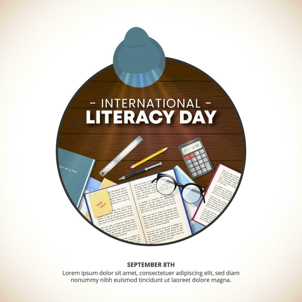 Square International Literacy Day background with open books and stationery vector