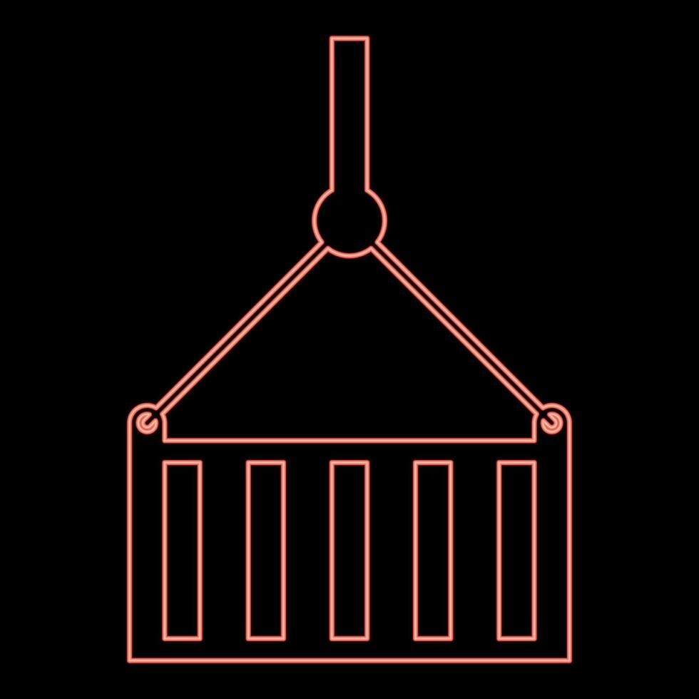 Neon port container on cable pulley freight export import shipping logistic commerce concept red color vector illustration image flat style