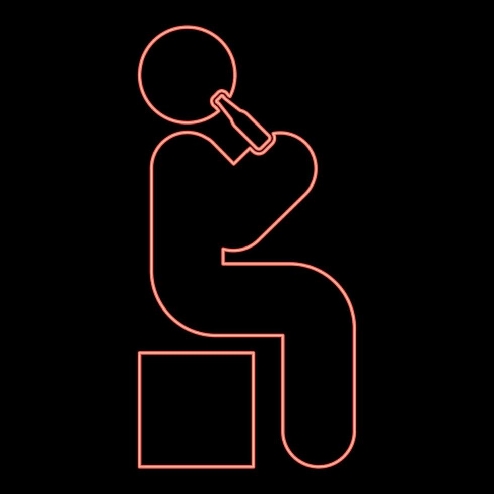 Neon man human drinking water alcohol beer from bottle sitting position red color vector illustration image flat style