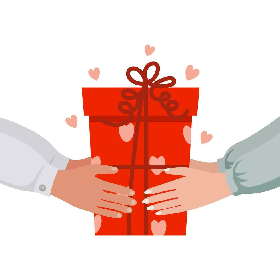 Gift box and male and female hands. Design for Valentine's Day. Festive illustration, vector