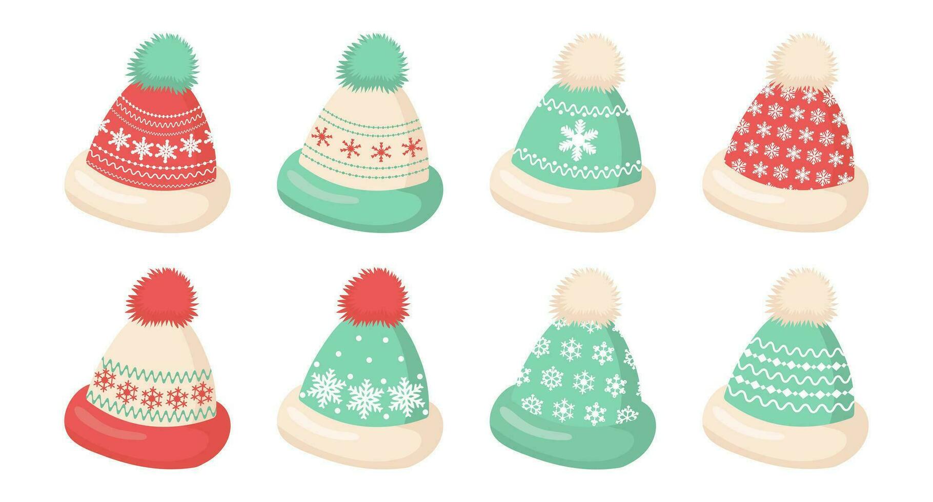 Set of winter knitted hats with bumbons, hats with snowflake ornament. Decor elements, vector