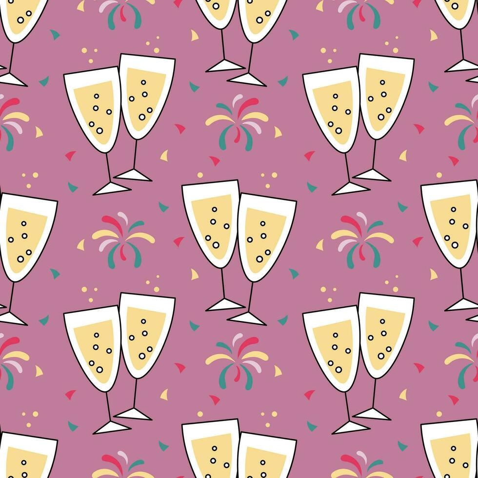 Festive seamless pattern, champagne glasses and fireworks. Festive background, print, vector