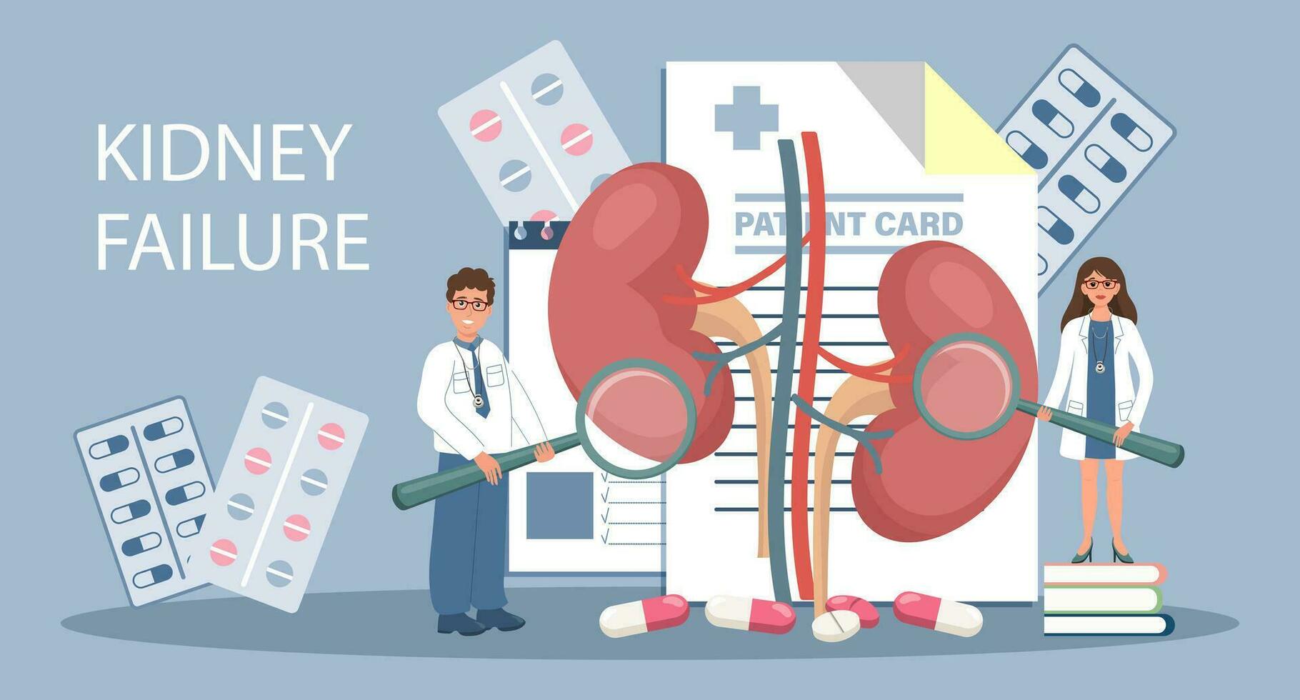 Kidney failure for landing page. Pyelonephritis, diseases and kidney stones, cystitis, urolithiasis, nephroptosis, renal failure, hydronephrosis. Doctors treat kidneys. Template, banner, vector