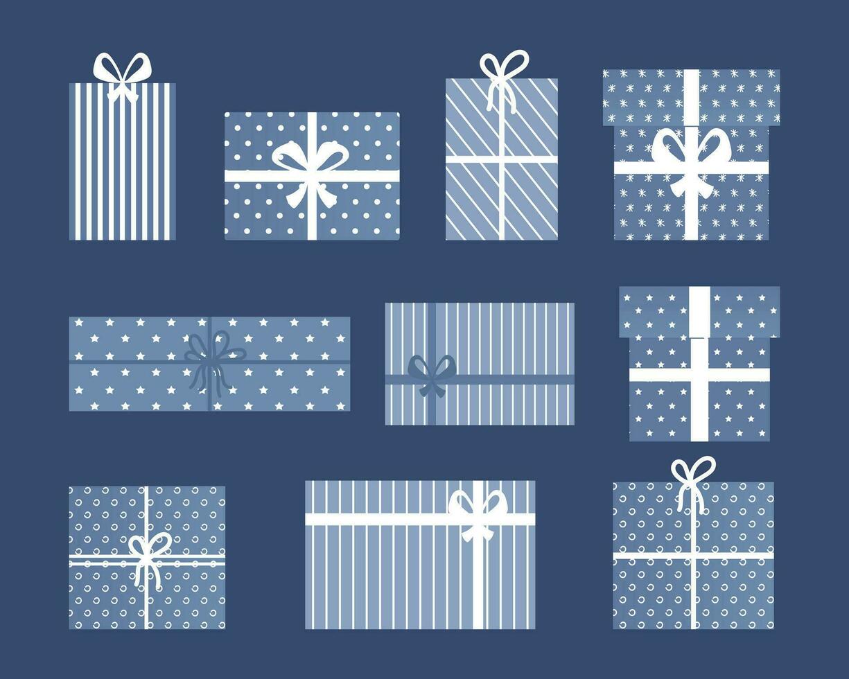Set of Christmas gift boxes on a blue background. Blue and white design. Decor elements, vector