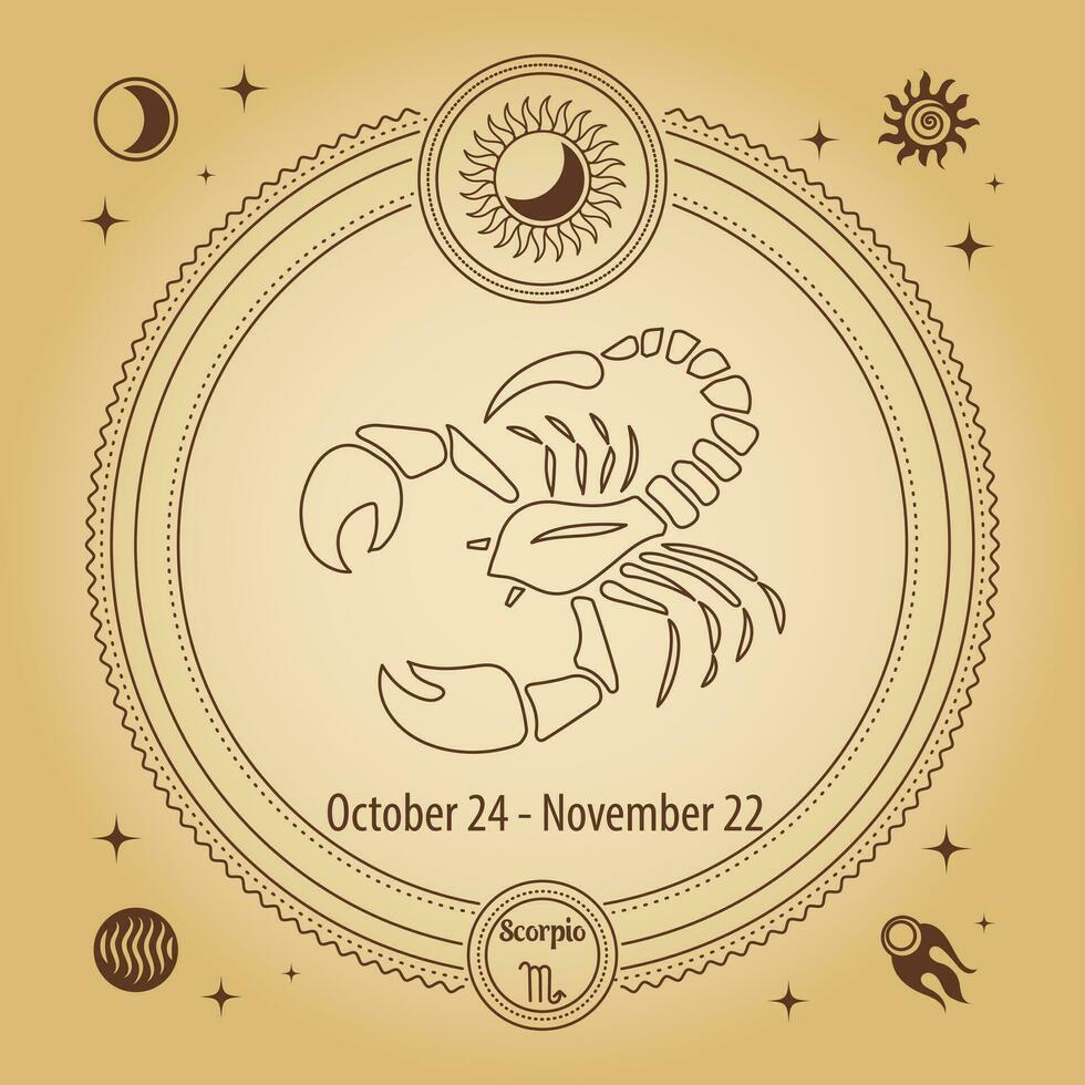 Zodiac sign Scorpio, astrological horoscope sign. Outline drawing in a decorative circle with mystical astronomical symbols. Vector