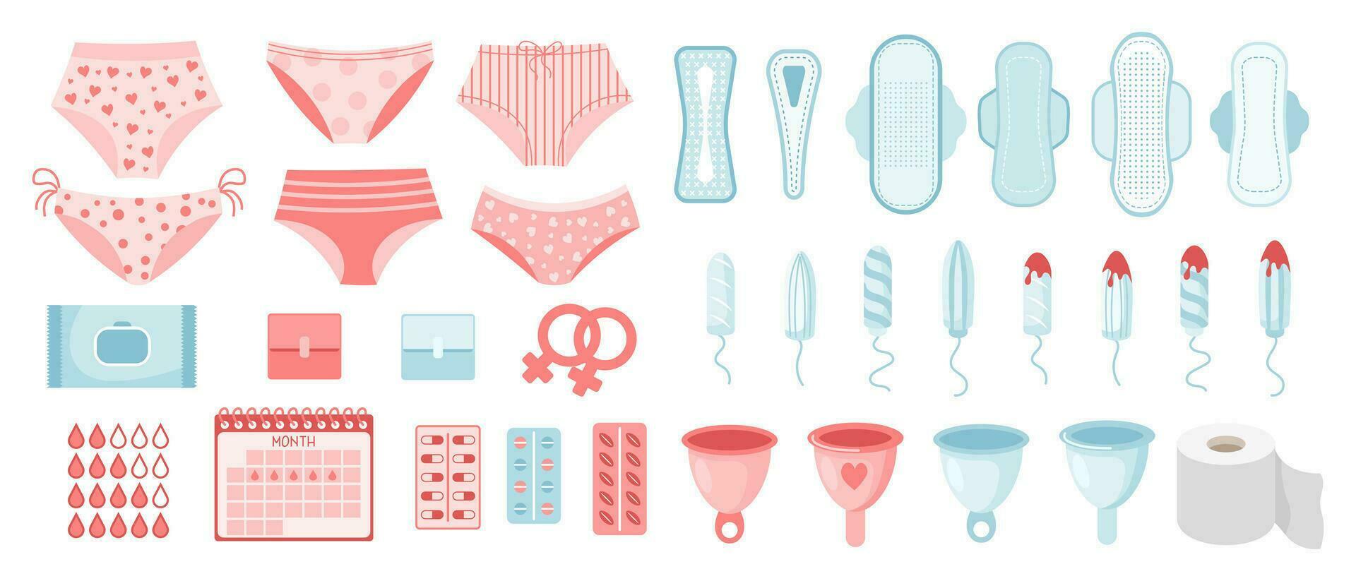 Feminine hygiene set. Menstrual period concept. Menstrual cup, tampons,  soap, panties, monthly calendar, sanitary napkin and pills. Vector 27498022  Vector Art at Vecteezy