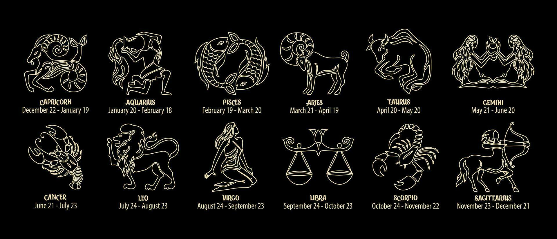 zodíaco señales, astrológico horóscopo señales. oro y negro diseño. iconos, vector
