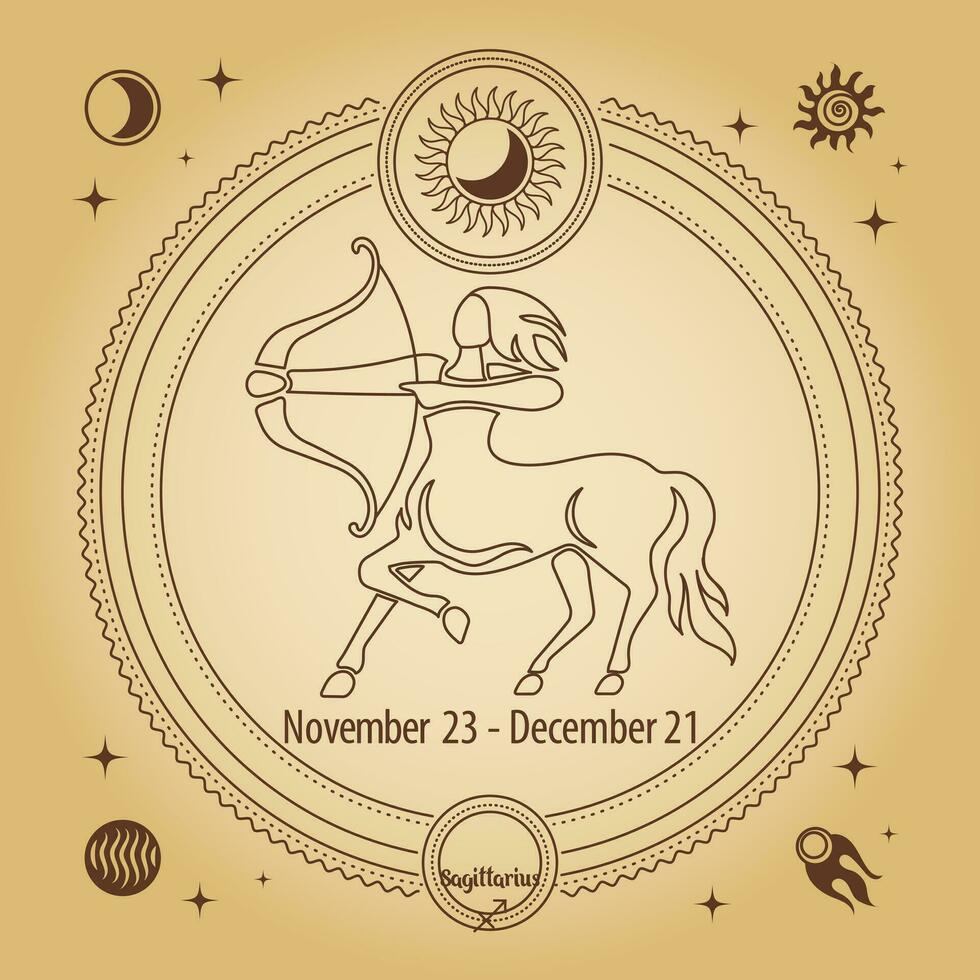 Zodiac sign Sagittarius, astrological horoscope sign. Outline drawing in a decorative circle with mystical astronomical symbols. Vector