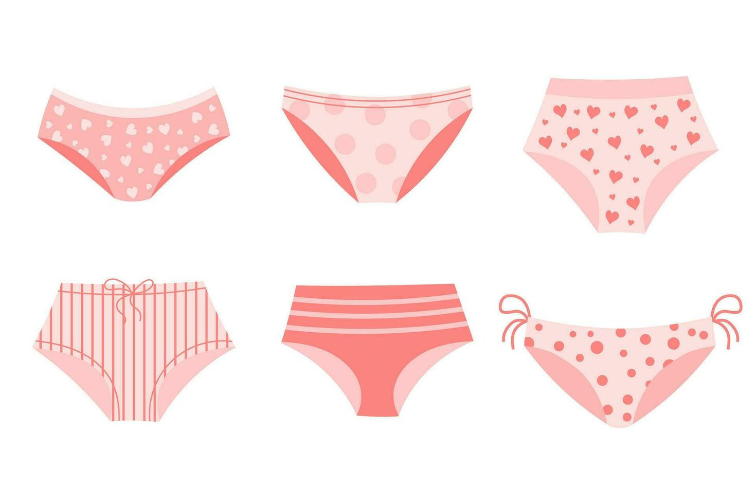 Women's pink panties with patterns. A set of women's underwear. Icons, vector