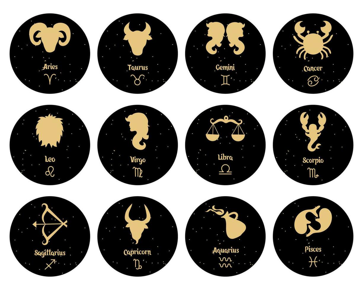 Set of zodiac signs, gold signs on a black round background. Horoscope icons, vector