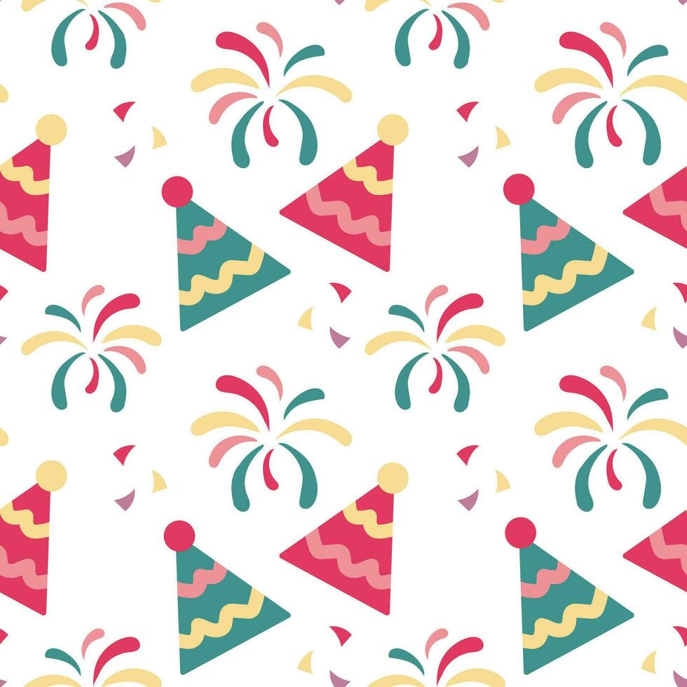 Festive seamless pattern, fireworks, party hats and confetti. Festive background, print, vector