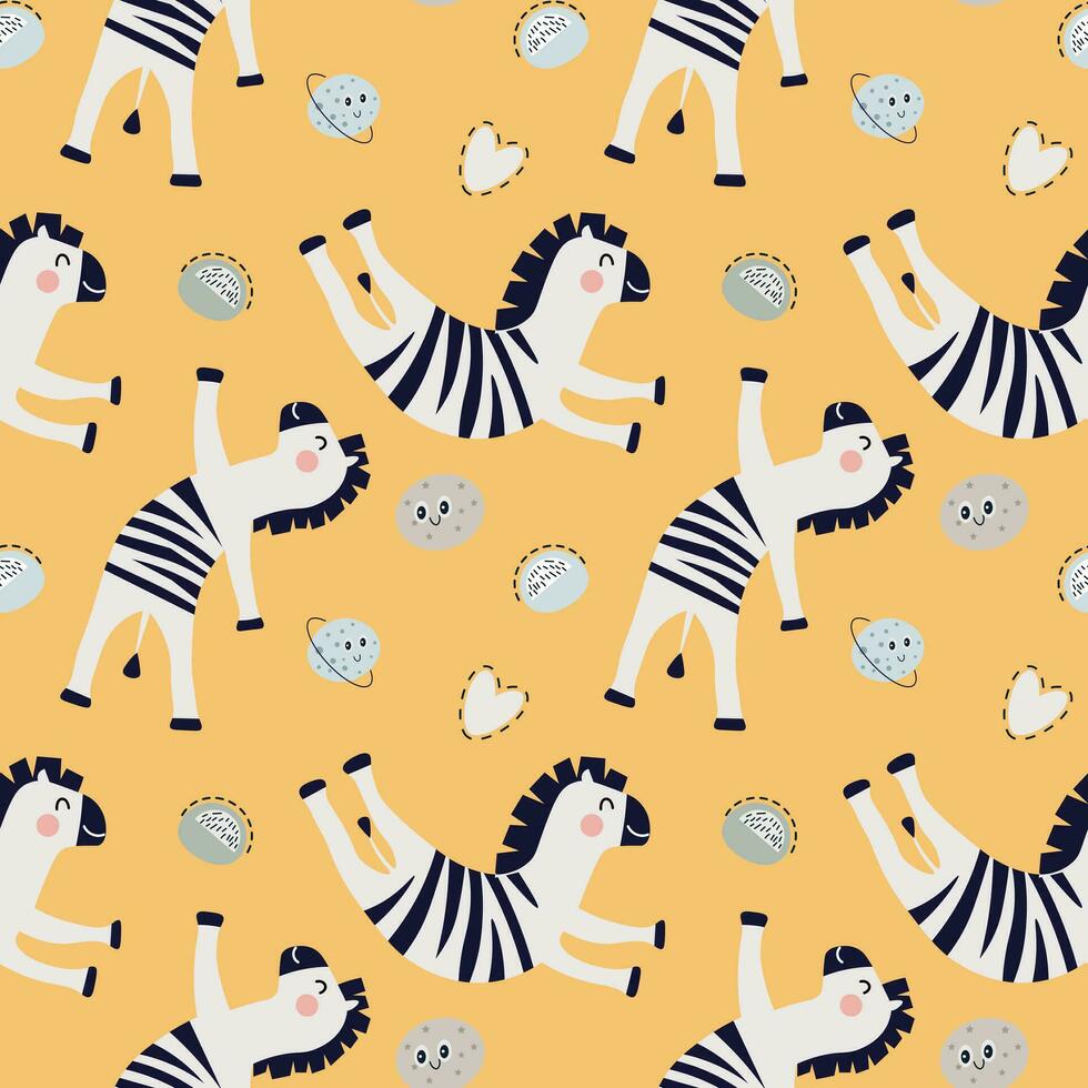 Seamless pattern, cute cartoon dancing zebras on the background of doodle planets and hearts. Children's print, textile, vector