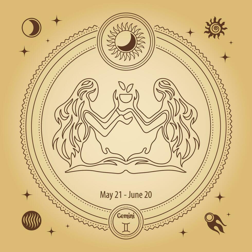 Gemini Zodiac sign, astrological horoscope sign. Outline drawing in a decorative circle with mystical astronomical symbols. Vector