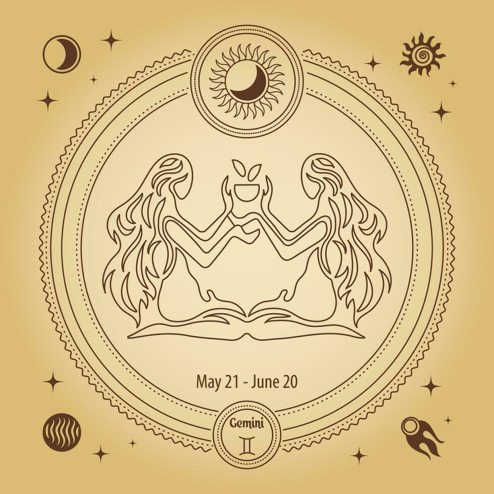 Gemini Zodiac sign, astrological horoscope sign. Outline drawing in a decorative circle with mystical astronomical symbols. Vector