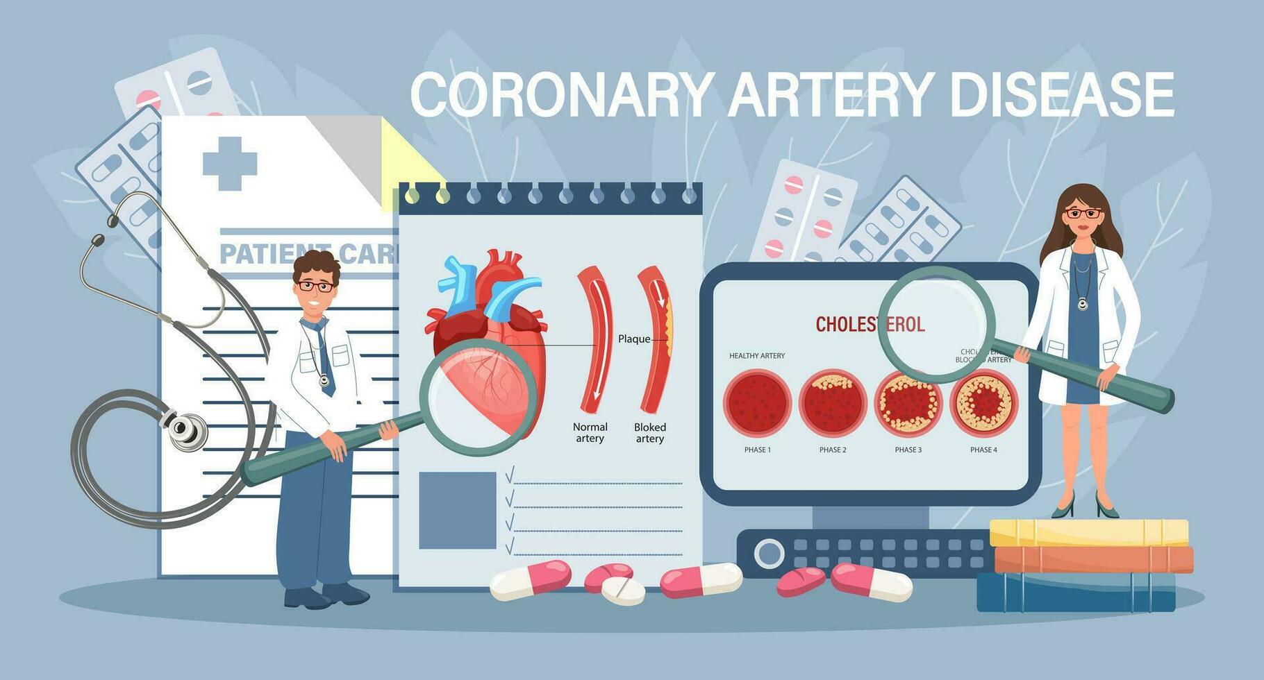 Coronary artery disease for landing page. Doctors inform about diseases of the coronary artery of the heart. Health care and medicine. Template, banner, vector