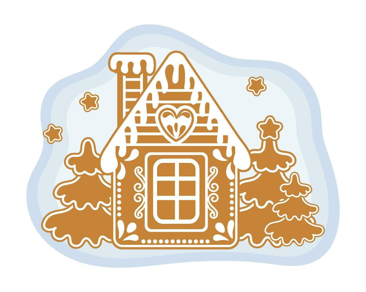 Christmas gingerbread house with fir trees and text Merry christmas. Illustration, vector