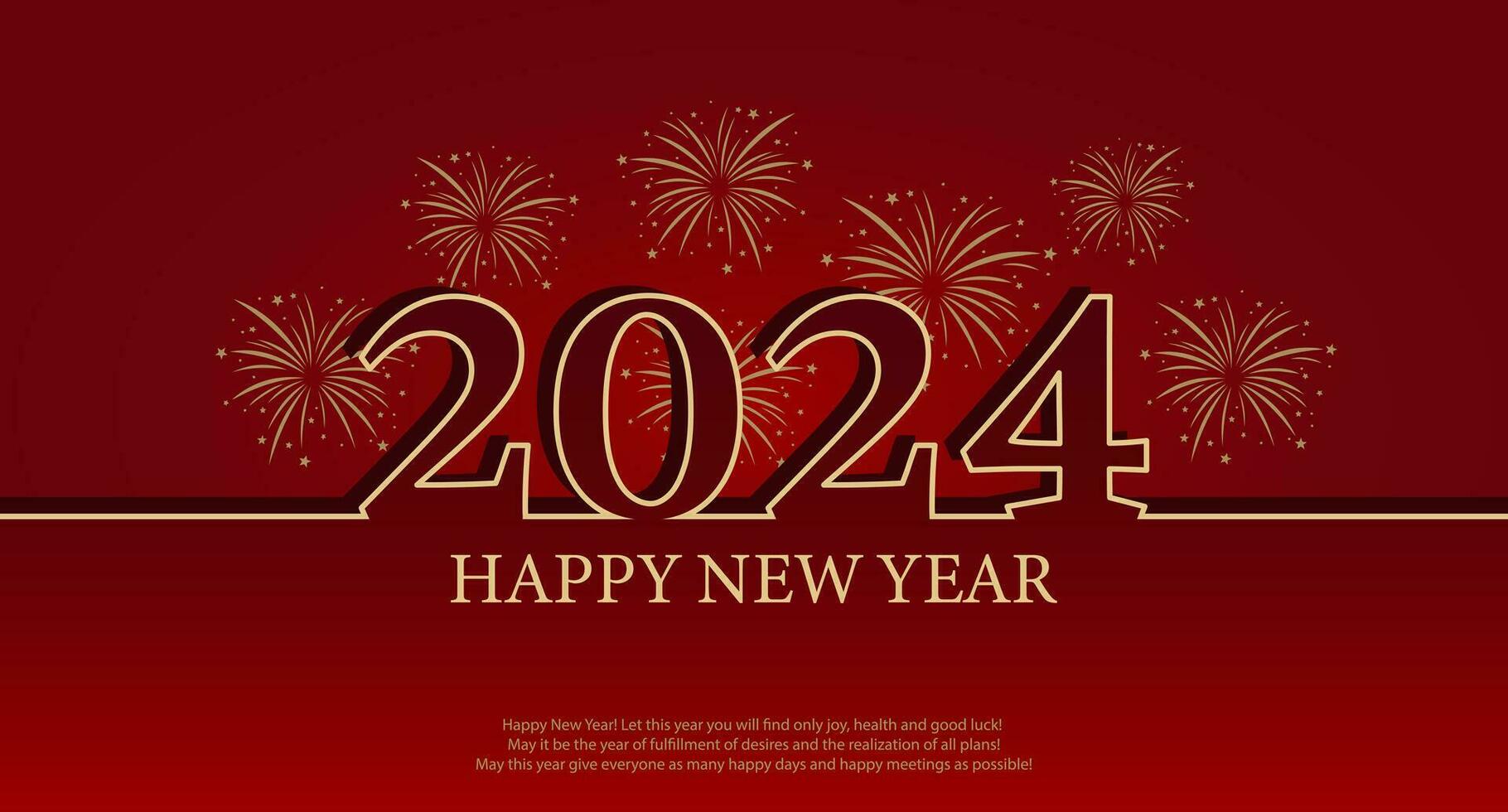 Happy New Year 2024. Christmas background with golden numbers 2024 and fireworks on a red background. Illustration, banner, vector. vector