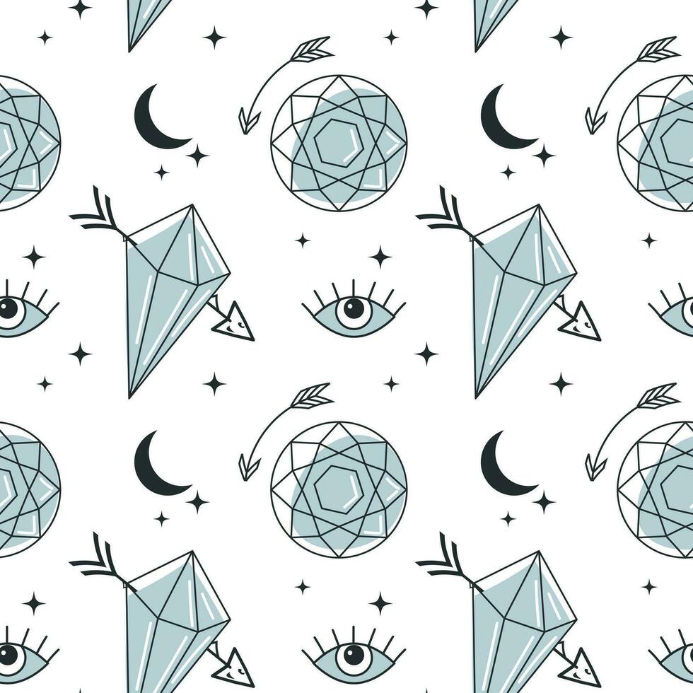 Magic seamless pattern, minerals, crystals, eye, gems, moths, butterflies, moon, stars. Magic fairy tale background. Vector