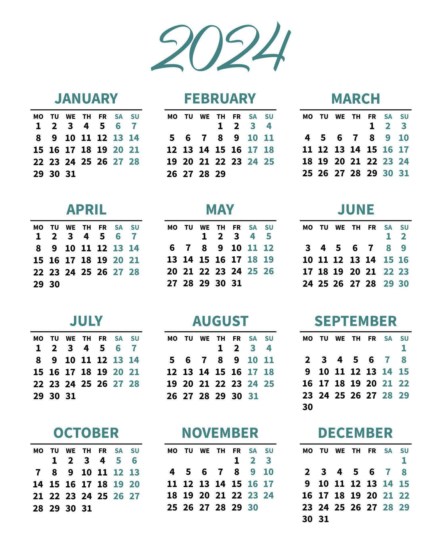clásico calendario 2024, dias y meses. imprimir, póster, vector