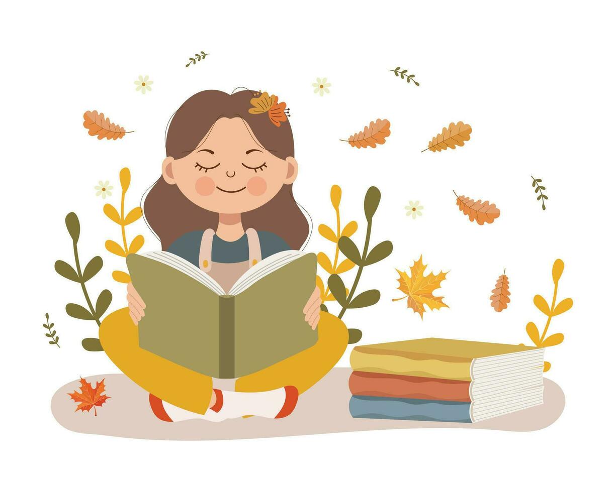Cute little girl reads a book and books on the background of autumn leaves. Cartoon style. Autumn school print, vector