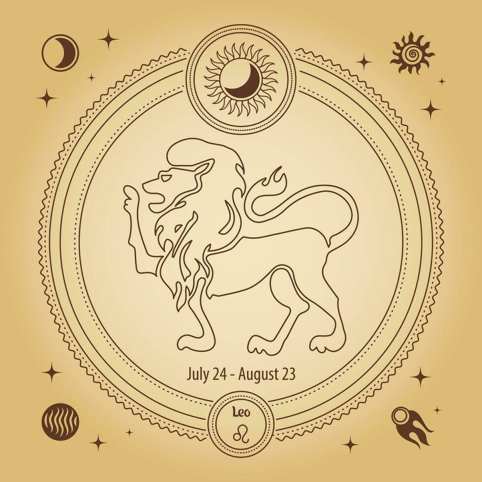 Leo Zodiac sign, astrological horoscope sign. Outline drawing in a decorative circle with mystical astronomical symbols. Vector