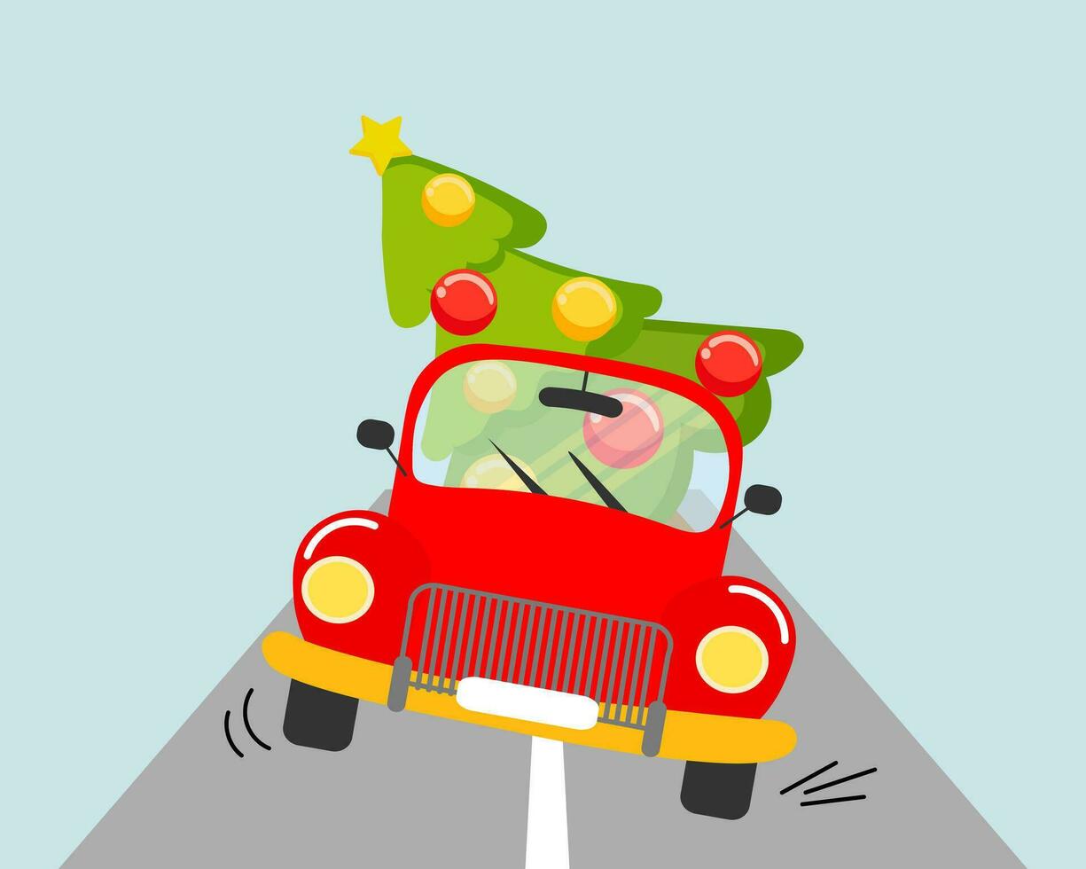 A red car with a Christmas tree, the car is carrying a spruce from the forest. Christmas card, vector