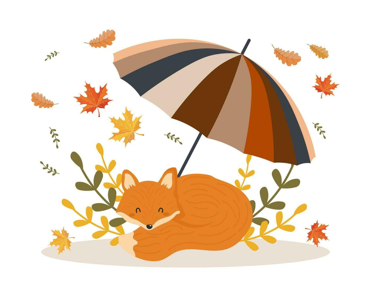 Cute fox under a striped umbrella with autumn leaves. Cartoon style. Autumn print, vector