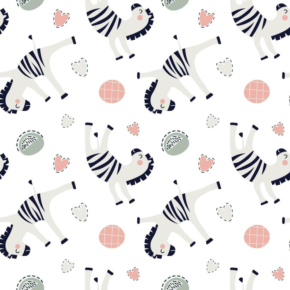 Seamless pattern, cute cartoon dancing zebras on the background of doodle planets and hearts. Children's print, textile, vector