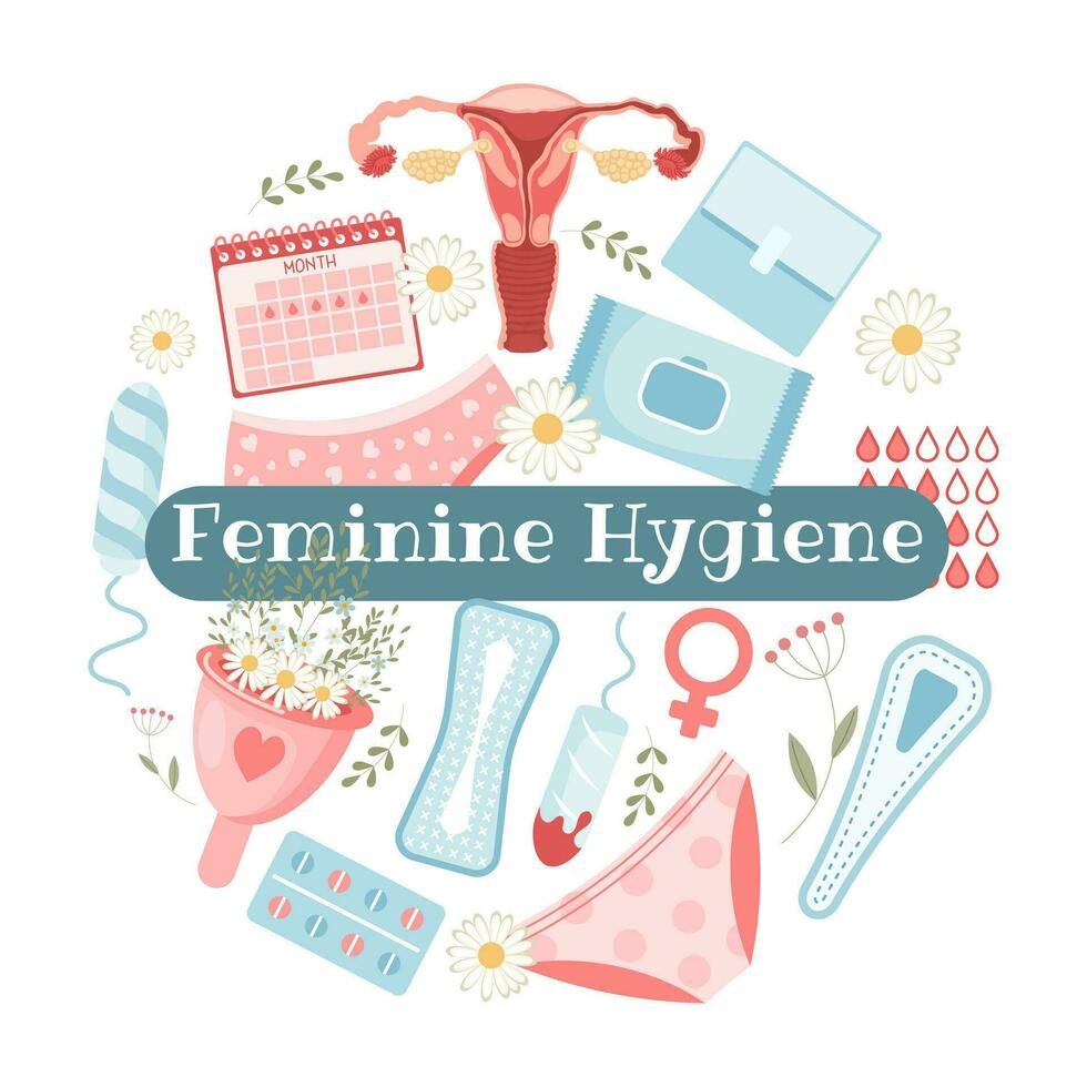 Feminine hygiene set. Menstrual period concept. Menstrual cup, tampons, uterus, soap, panties, monthly calendar, sanitary napkin and pills. Vector