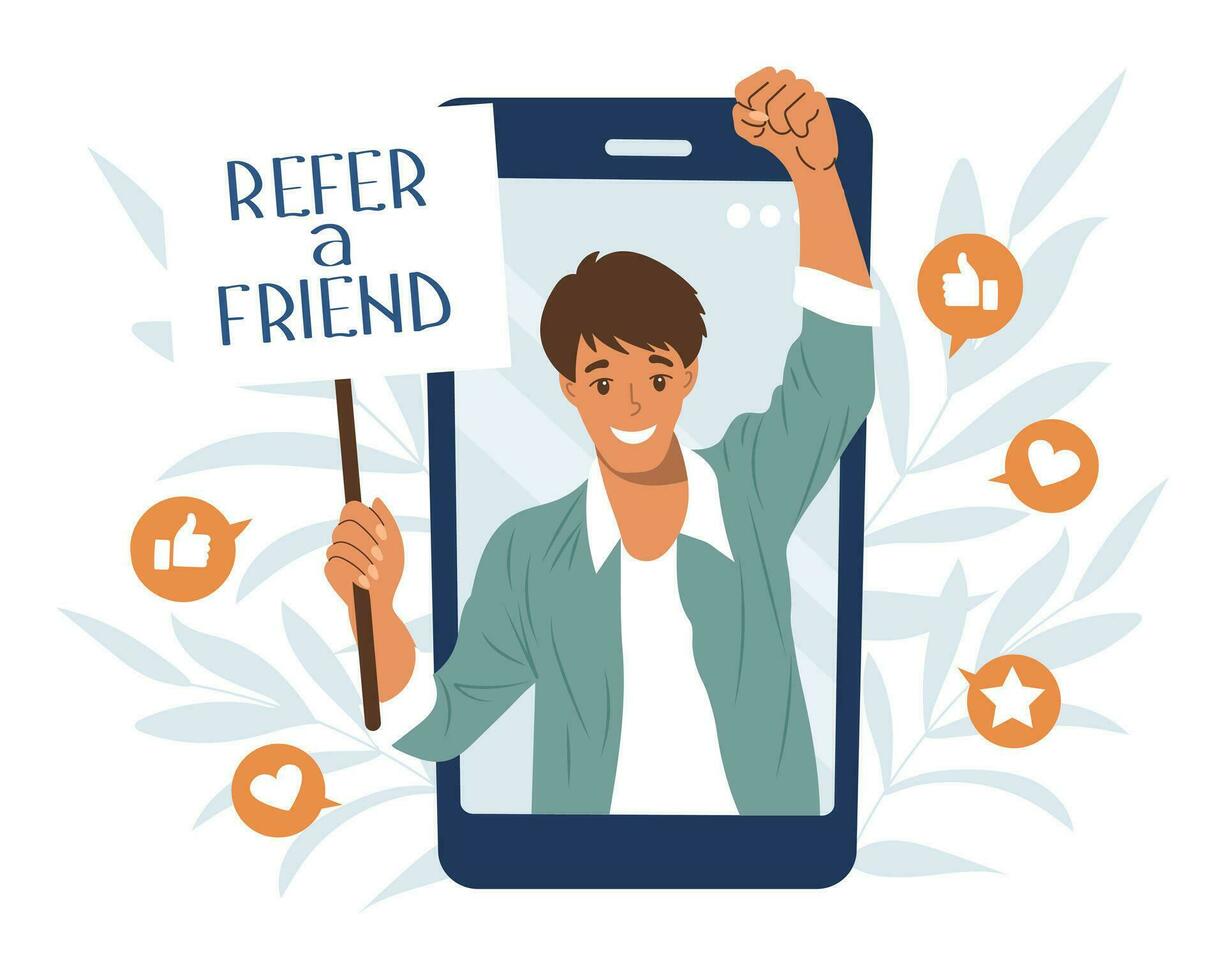 Refer a friend marketing concept. The person on the phone invites to the referral program. Social communication, social media marketing for friends. Landing page template. Vector. vector