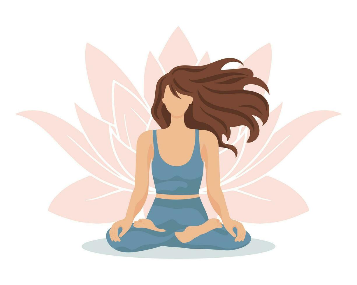 Young beautiful woman in a yoga pose on the background of a lotus flower. Sports, healthy lifestyle. Illustration, vector